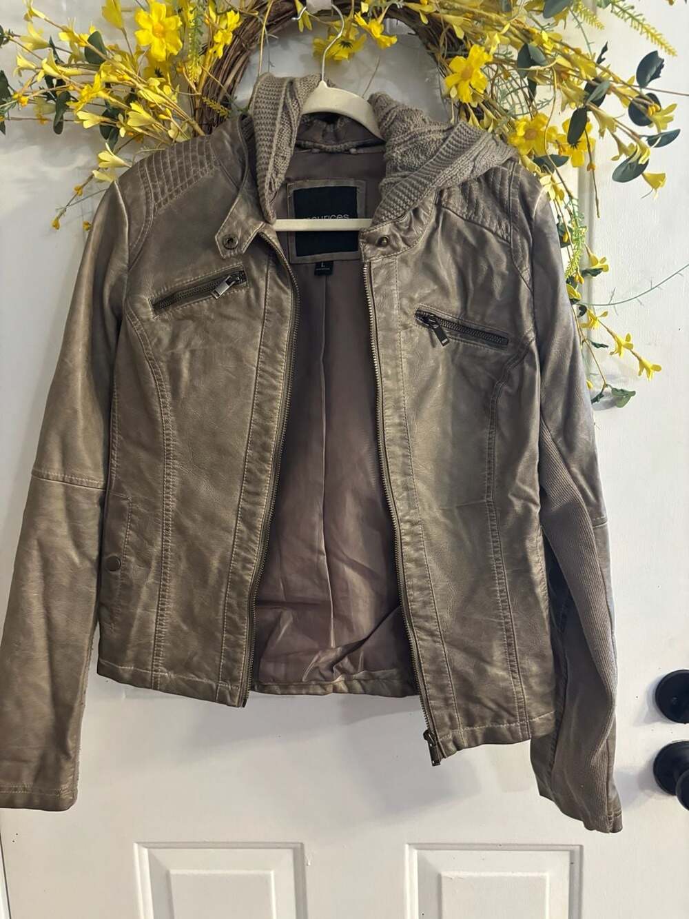 Maurices Women's Taupe Faux Leather Moto Jacket with Removable Knit Hood